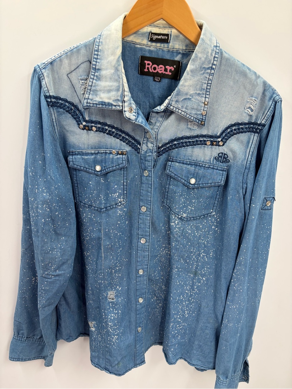 Roar Signature Western Paint Splatter Denim Shirt Embellished XXL